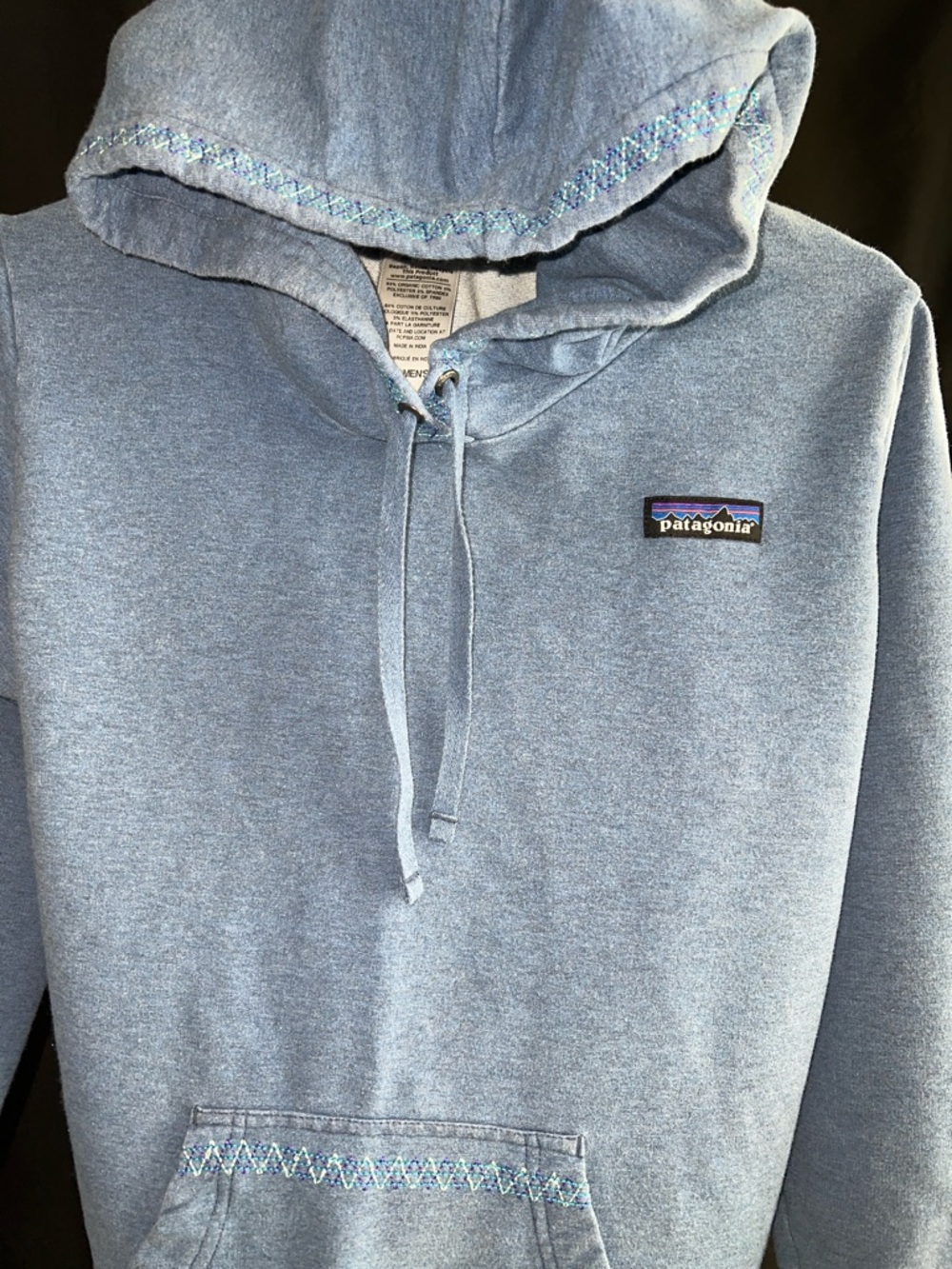 Patagonia Light Blue Pullover Hoodie with Chest Logo Fancy Stitching Womens M